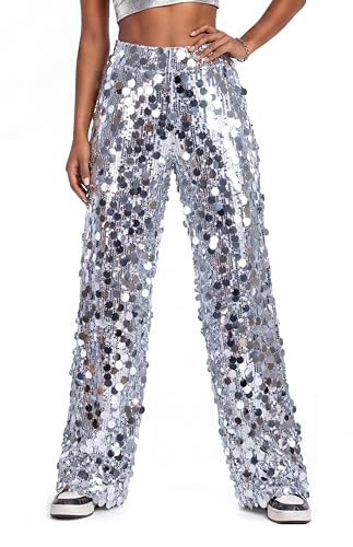 Nawgut Women's Sequin Wide Leg Pants High Waisted Glitter Palazzo Trousers Cocktail Party Disco Night Out Clubwear-XXL Silver