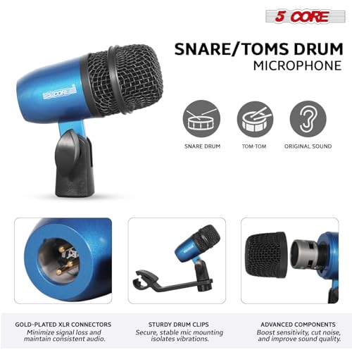 Image of 5 CORE 9 Piece Drum Microphone Set with 5 Dynamic Percussion Microphones Kick Bass, Tom /Snare and 4 Condenser Hi Hat & Cymbals Metal Mics w Thread Clip Mics Holder Blue