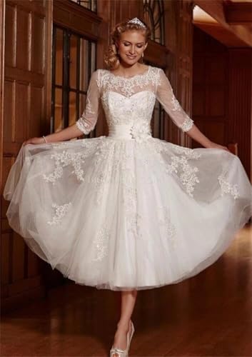 TRHTX Knee Length Short Wedding Dresses for Bride V Neck Chiffon Wedding Bridal Gowns with Sleeves for Women3