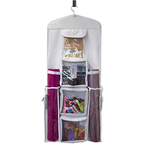 Gift Wrap Organizer, Hanging Wrapping Paper Storage, Double Sided with Hook for Over Door, Tissue Paper & Gift Bag Holder with Zippered Pockets and Multiple Compartments, Clear Vinyl - 16x37