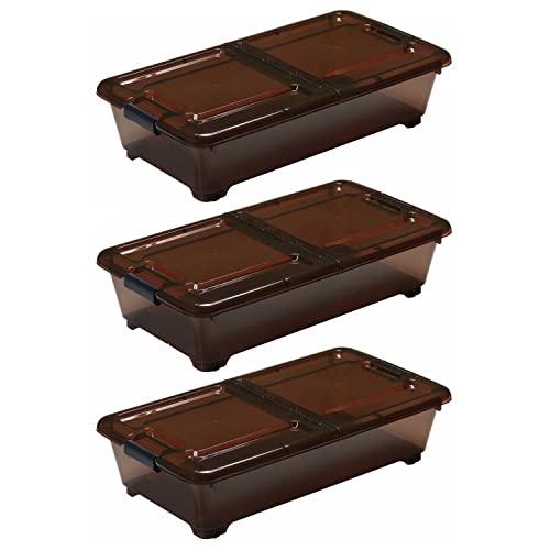 SANKA ABSB-75SB-3 Storage Box That Fits Perfectly Under The Bed Height Smoke Brown, Set of 3, Split Type Lid, Easy to Take Out, Lockable When Opened, with Casters Included, Stackable, (W x D x H):