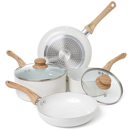 Image of Moss & Stone 6 Pcs White Nonstick Cookware Set, Pots And Pans Set Non stick With Glass Lid, Induction Cookware, Stay-Cool Handle PTFE /PFOA Kitchen Pots 6-Piece with Frying Pans & Saucepan