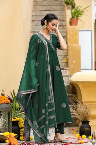 Image of GoSriKi Women's Cotton Blend Printed Anarkali Kurta with Pant & Dupatta | Ethnic Wear for Women | Indian Casual Office Daily Summer Outfit