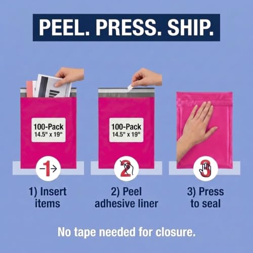 Image of BOX USA Shipping Bags 14 x 19 (100-Pack) Pink - Large Heavy Duty Self-Adhesive Envelope Poly Mailers for Packing