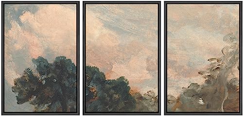 NWT Framed Canvas Print Wall Art Set Watercolor Pastel Cloudy Sky Forest Tree Skyline Nature Wilderness Illustration Modern Art Decorative Minimalist Fine Art Botanical for Bedroom - 24"x36"x3 Black