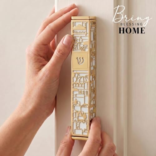Image of SURI Mezuzah for Door with Scroll, 7 Inch Gold and White Mezuzah Case with Non Kosher Scroll Inside, Fits a up to 6 Inch Scroll, Includes Adhesive and Gift Box