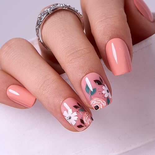 CurvLife Short Square Floral Press On Nails, Coral Bloom Orange, Soft Gel
