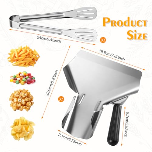 Edelstahl Pommes Schaufel mit Küchentange Zweiteiliges Set, Popcorn Schaufel Frittierschaufel Rechtshändiges Griffdesign, 22.6 x 20 cm, Geeignet für Esszimmer und Heimkinos