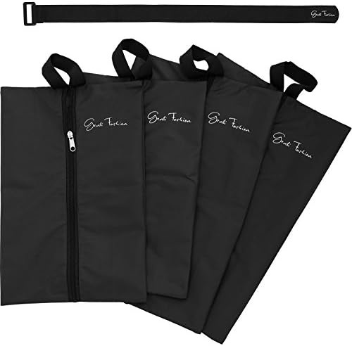 Travel Shoe Bags for Men & Women - Set of 4 Waterproof Nylon Pouches with Zipper + Fastening Strap Accessory (Mixed, Black)
