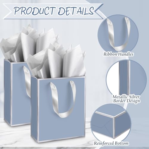 Image of Yeaqee 24 Pack Metallic Paper Gift Bags, Dusty Blue, Silver | with Satin Ribbon Handle and Tissue, 9x7x3.1 Inch, Suit Business, Birthday, Christmas, Thank You Return Gifts Bags
