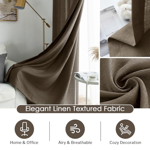 Image of Melodieux Brown Semi Sheer Curtains 84 Inches Long for Living Room Bedroom, Farmhouse Linen Look Shiny Sheer Curtain Drapes Rod Pocket Light Filtering Home Office, 52 inch W x 84 inch L, 2 Panels