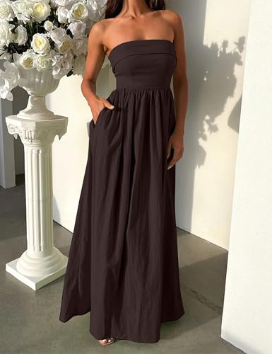 Image of Women Summer Strapless Maxi Tube Dress 2024 Trendy Solid Pleated Flowy Dress Wedding Guest Maxi Dresses Party Club