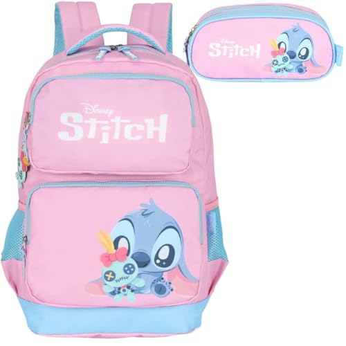 Mochila Infantil Stitch com Estojo Triplo Rosa