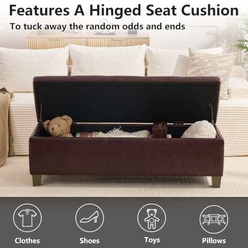 Image of 51 Inch Storage Ottoman, Storage Bench with Safety Hinge, Upholstered Synthetic Leather Ottoman Bench for Bedroom, Living Room, Entryway, Hallway, Foot Rest, Support 500lbs