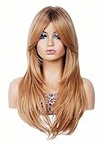 Rugelyss Long Wavy Strawberry Blonde Wigs for Women, Ombre with Dark Roots Layered Synthetic Hair Wig with Bangs for Daily Party