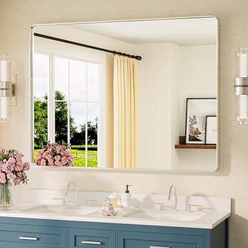Image of TETOTE 48 x 36 Inch Brushed Nickel Bathroom Mirror Metal Framed Bathroom Mirror, Tempered Glass, Modern Farmhouse Wall Mounted Mirror for Decorative(Horizontal /Vertical)