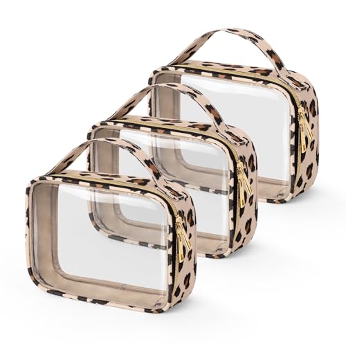 Image of Wedama TSA Approved Toiletry Bag, 3 Pack Clear Makeup Bags with Handles, Quart Size PVC Clear Cosmetic Bags for Women and Men, Carry on Airport Airline Compliant Bag, Leopard Print