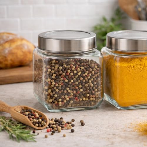 Image of CROCO JAR Square Glass Storage Containers 580ml | Transparent Airtight Kitchen Jars with Steel Lid | Cubical Glass Jars for Pantry, Snacks, Dry Fruits, Masala, Pickle & Coffee Beans | Pack of 2