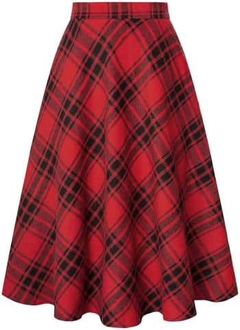 Belle Poque Women Plaid Skirt with Pockets Midi Length High Elast...