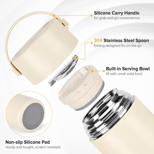 Image of YELONA Insulated Lunch Soup Pot with Folding Spoon & Lid Bowl | 316 Stainless Steel Double Vacuum Food Jar | Leakproof Hot & Cold Food Container for Office & Kids (White)