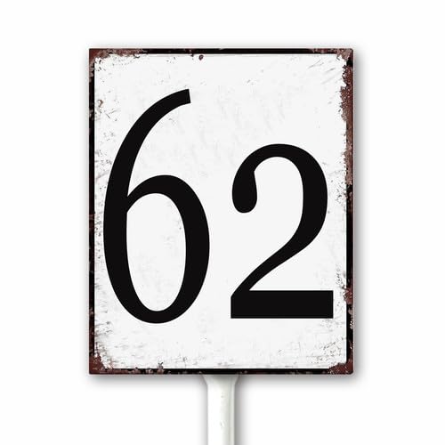 Aluminum Number Sign 62 Metal Numbered Yard Sign With Stake Outdoor for Tennis Court, Parking Lots, Floor, Dock, Court, Aisle, Field, Farm 12x15 CM High Visibility Rust Free (Retro White) — image 1