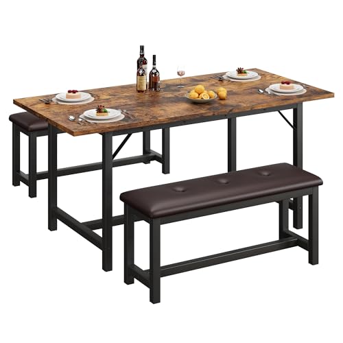 Niwugady Essgruppe Ausziehbarer Esstisch mit 2 PU Gepolsterten Bänken Set für 4–6 Personen, Esszimmertisch mit Eisenbeinen, Esstisch 120-160 x 70 x 78 cm, Küchenmöbel, Esszimmermöbel