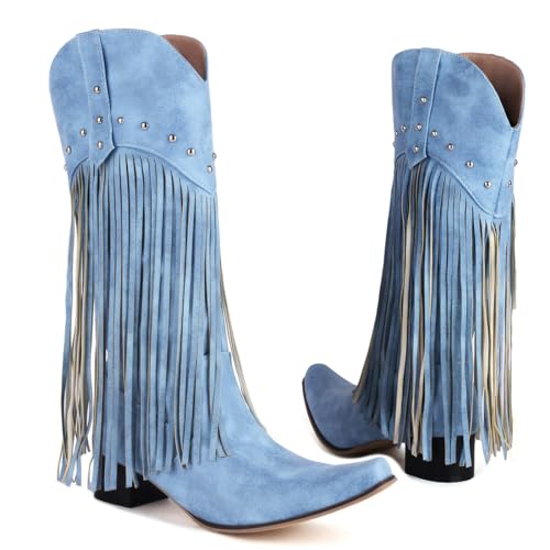 Image of KiutSymo Mid Calf Fringe Boots For Women Cowboy Pointed Toe Chunky Heels Cowgirl Western Tassel Boots