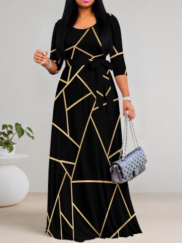 Image of PinkPatty Women's Plus Size Maxi Dresses Casual Flowy 3 /4 Sleeves Dress Printed Vacation Dress for Daily Wear with Belt