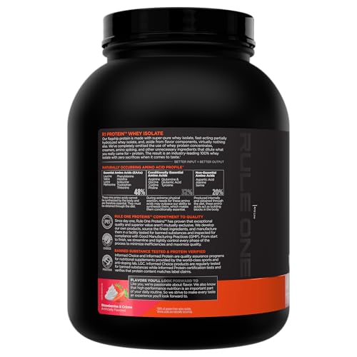 Image of Rule 1 Proteins R1 Proteins Whey Isolate, Strawberries & Creme, 45 Servings | 25g of Protein from Whey Isolates and Hydrolysate isolates for Workout Recovery and anytime use