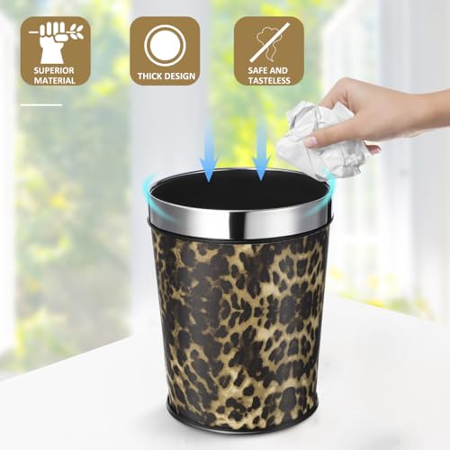 Image of COHEALI Leopard Print Trash Can 5L Retro Stainless Steel Bathroom Wastebasket with Fixing Ring, Small Garbage Can for Bedroom Office Kitchen, Animal Print Decorative Waste Bucket 10.03x7.87in