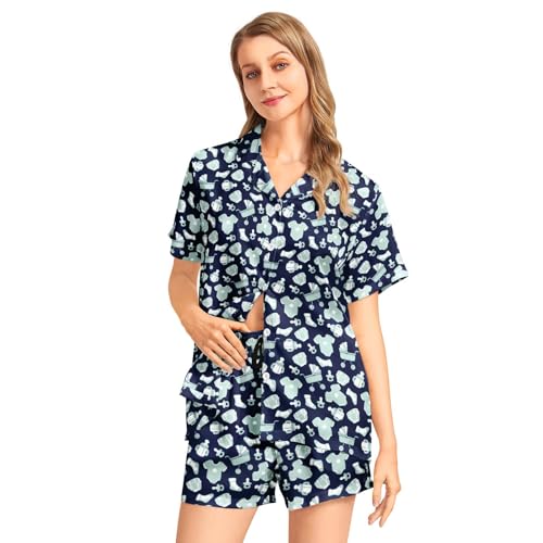 Image of Funny Pajamas for Women Set Print Satin Loungewear Pjs Short Sleeve Button Down Top and Shorts Sets Sleepwear XS-3XL