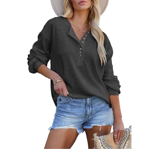 Topstype Henley Long Sleeve Women Oversized T Shirts Loose Fit Tunic Tops to Wear with Leggings Medium Charcoal Black