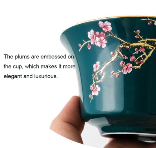 Image of 10oz Large Gaiwan, Ceramic Teacup -Embossed Plum Patterns (Green)