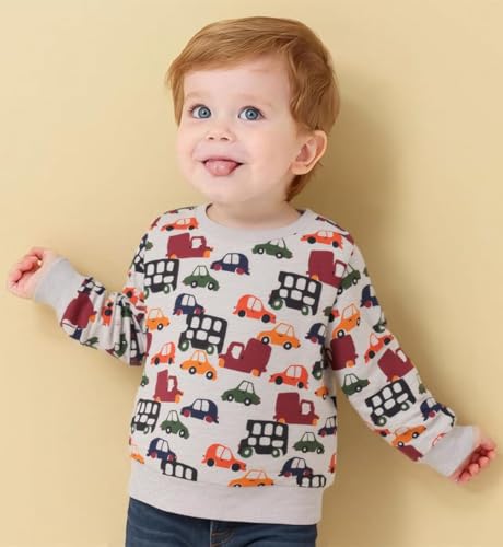 Image of Popshion Toddler Boys Sweatshirts Dinosaur Long Sleeve Pullover Crewneck Shirts Cartoon Tee Sport Tops for Kids 1-8T