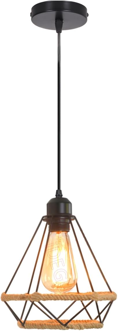iDEGU iDEGU Hanglamp, industriële lamp, 20 cm, kroonluchter, plafondlamp, vintage, zwart, lamp, lampenkap, kooi van metaal en henneptouw, E27, plafondverlichting voor keuken, woonkamer, slaapkamer,