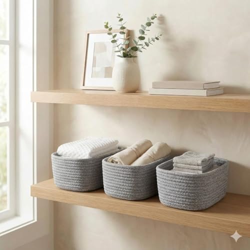 Image of 100% Natural Jute small box mini rope paper storage Round hamper baby nursery tray bucket for Living Kitchen, Drawing Room,fruits, kitchen, office, (grey 3 set)
