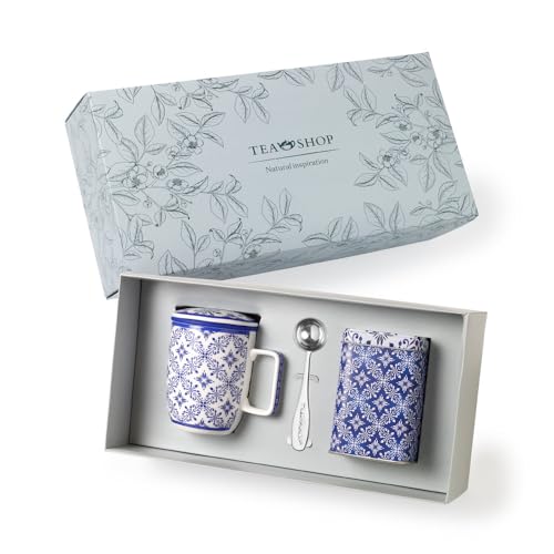 Tea Shop - Pack Taza De Porcelana Con Filtro Y Tapa Lata Y Cuchara Medidora - Set Tea Time Azulejo - Perfecto Para Regalo