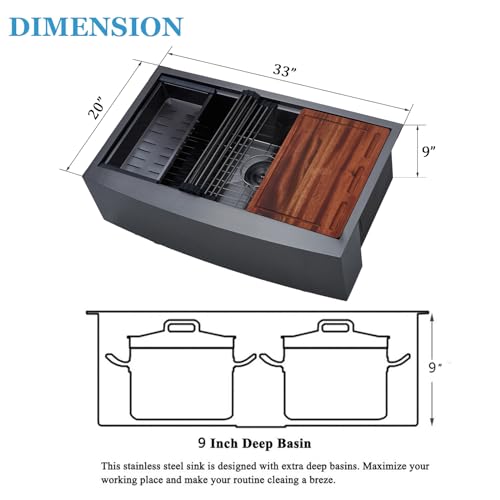 Image of 33 Inch Black Farmhouse Sink, Undermount Stainless Steel Apron Front Farm Kitchen Sink Single Bowl Workstation 16 Gauge 33x20x9 with Accessories
