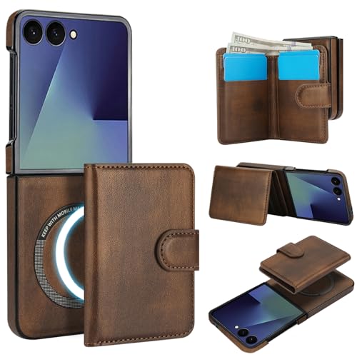 for Samsung Galaxy Z Flip 7 Case with 2 in 1 Detachable Magnetic Wallet, 4 Card Slots and Cash Slot,Compatible with MagSafe Wireless Charging, RFlD Blocking - Brown Brown Galaxy Z Flip 7