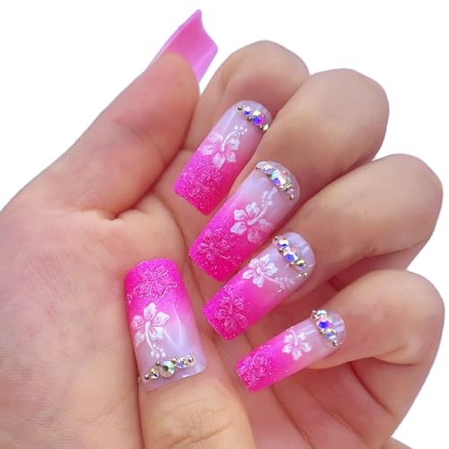 Press On Nails Long Pink Gradient Threedimensional Petal Rhinestone Fake nails 12 Sizes 24 Pcs Gel False Nail Set - Image 3