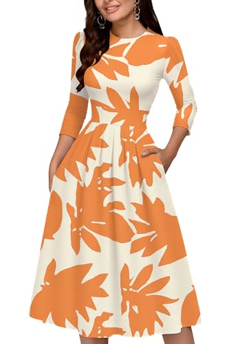 Image of Runwind Vintage Dress for Women - 3 /4 Sleeve Casual A-Line Wedding Guest Cocktail Dress with Pockets