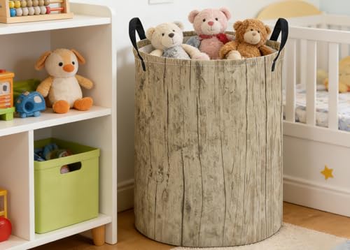 Image of ESSME Kids Laundry Basket,Wood Hamper Collapsible Canvas Waterproof Storage Bin for Boys, Cute Hamper,Gift Baskets(Wood grain)