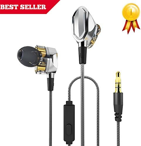 Lonfine Dual Dynamic Driver In-ear Headphones High Resolution Tensile Cable Noise-Isolating 3.5mm Heavy Bass In-ear Earphones with Microphone (Silver with gold)