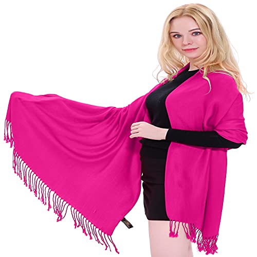CJ Apparel Hot Pink Bright Pink Solid Color Tassels Design Nepalese Shawl Seconds Scarf Wrap Stole Throw Head Wrap Pashmina Hand Made in Nepal New