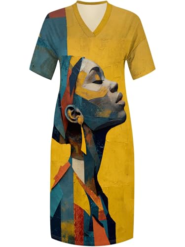 Image of Plus Size Maxi Dress for Women Short Sleeve V Neck Casual Loose Sundress with Pockets