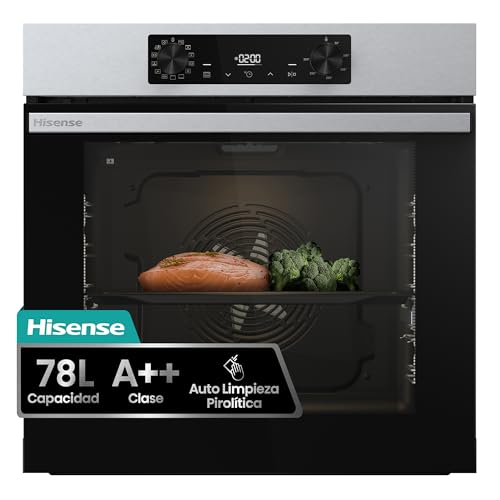 Hisense BI64216EPX - Horno Multifunción Pirolítico, Clase A++, 78L, Fondo 57cm, Guía Telescópica, Calentamiento Rápido, Apertura Y Cierre Suave de Puerta, Air Fry, Modo Pizza, Modo Congelados, Inox