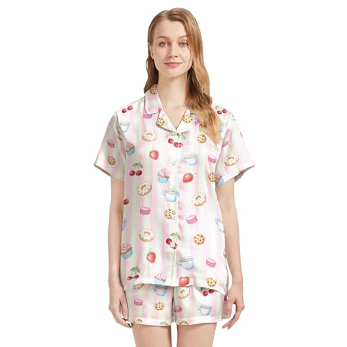 Image of Silk Satin Pajama Set for Women Summer Lounge Pjs Sets 2 Piece Suit Ladies Button Down Tops And Shorts Sleepwear