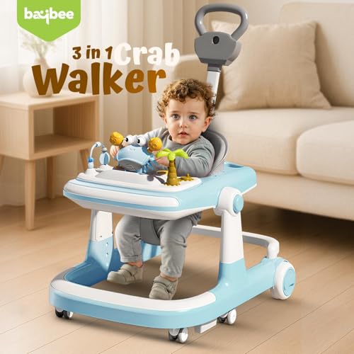Image of Baybee 3 in 1 Baby Walker for 6-18 Month Baby Boy Girl, Push Walker for Kids with Parental Handle & Height Adjustable Toddler Activity Walker with Musical Bar (Blue)