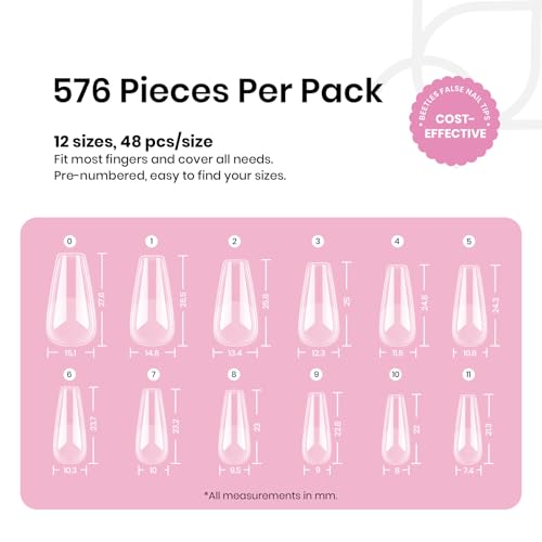 Image of Beetles Gel Nail Tips Medium Coffin 576PCS Etch X Nail Tips, 12 Sizes Pre Shaped Half Matte Press On Nails Full Cover False Nails Acrylic Nails Glue on Nails Extensions Set for Women Home DIY