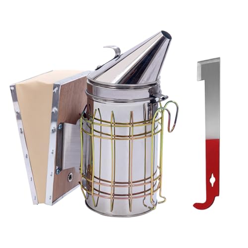 POLLIBEE Bee Smoker Stainless Steel with Heat Shield Bee Hive Tool J Hook Beekeeping Supplies and Beekeeper Tool Kit